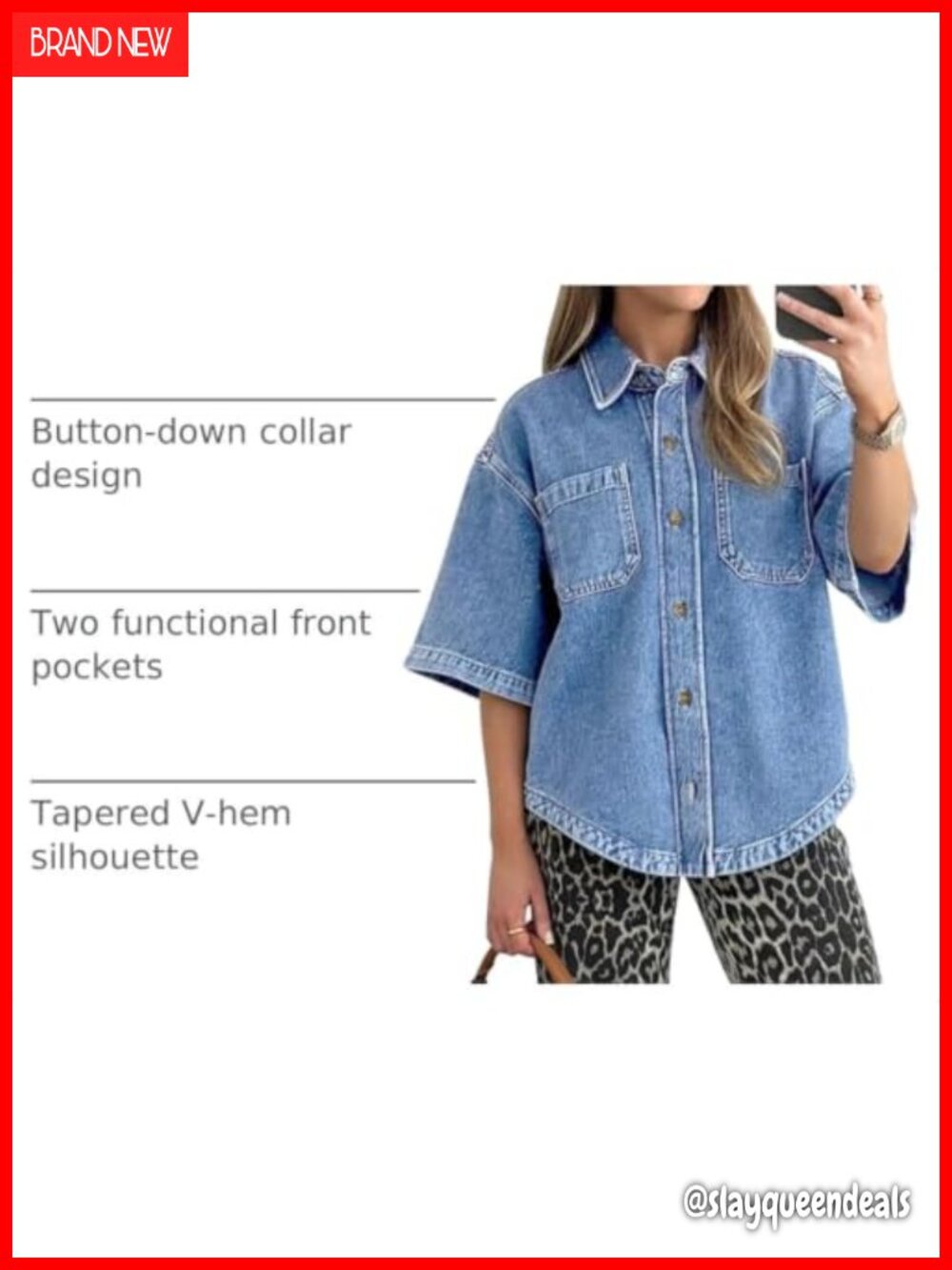 Women's Denim Button-Down Shirt Lightweight Oversized Long Sleeve - Picture 3 of 5